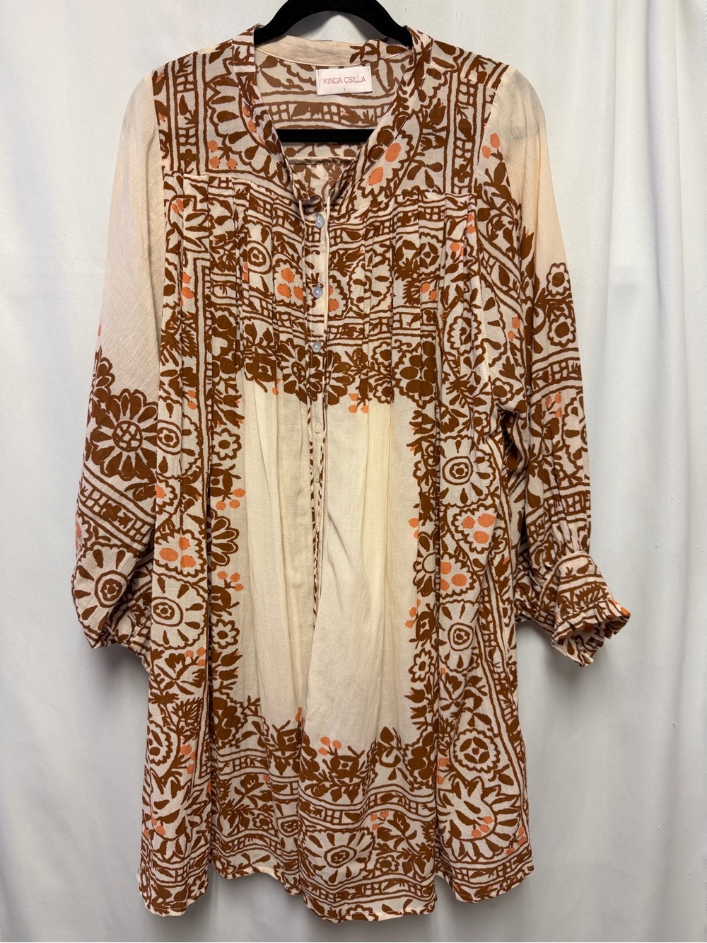 Free People King Csilla Cream & Brown Floral Boho Tunic Dress Size L